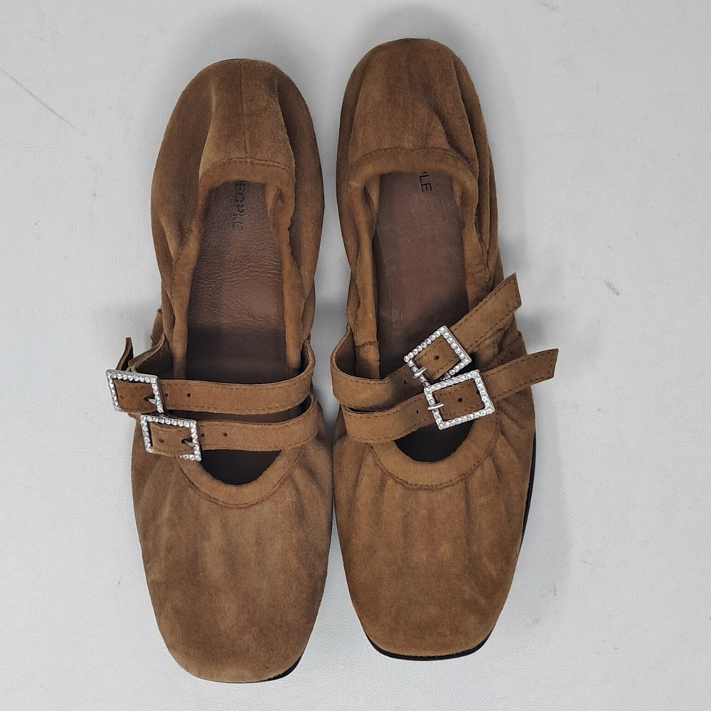 Free People Gemini Mary Jane Ballet Flats Size 6 Crystal Buckles Brown Suede